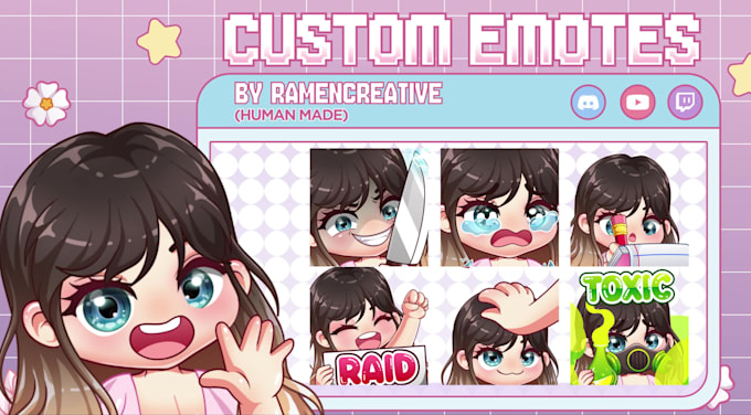 draw twitch emotes, animated emotes, chibi emotes, vtuber emote, and sub badges