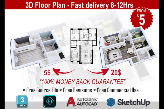 convert 2d to 3d floor plan in 8hrs