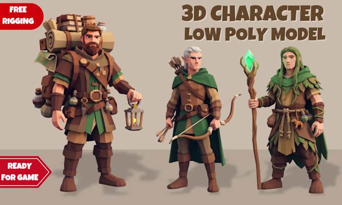 do 3d low poly modeling character rigging for your game or animation