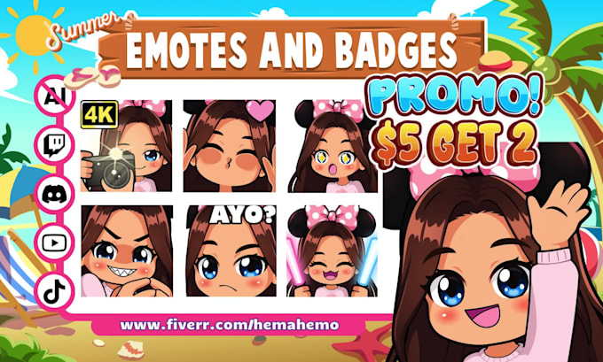draw chibi twitch emotes, sub badges, vtuber animated emotes