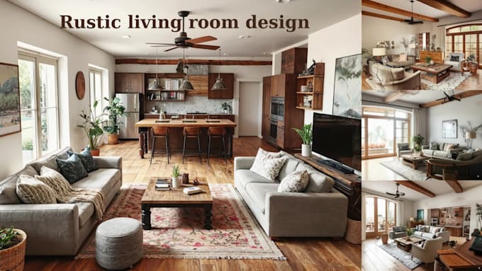 design and render your rustic or scandinavian living room and kitchen