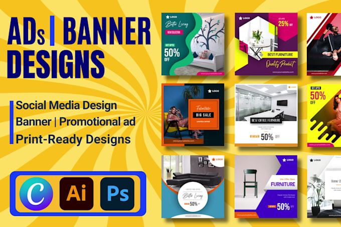 design social media ad, web banner, slider, using canva and adobe creative