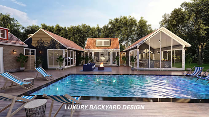 design your backyard, garden, patio, terrace, pergola, 3d realistic landscape