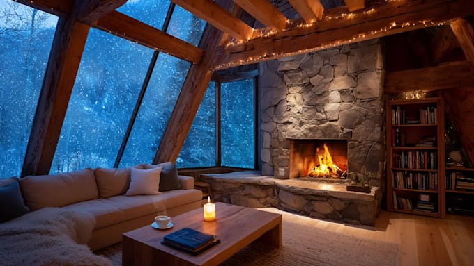 create cozy rain video or snow video with nature sounds