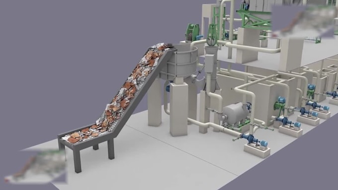 create 3d industrial recycling process and 3d paper mill animation video