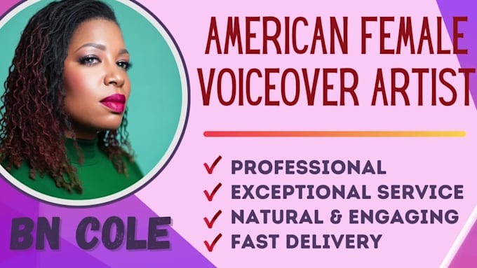 record a professional american female voice over for your needs