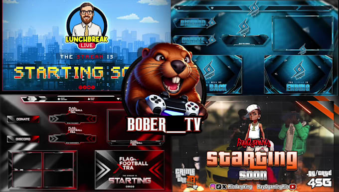 design twitch package, logo, stream overlay, animated alerts, screens and panels