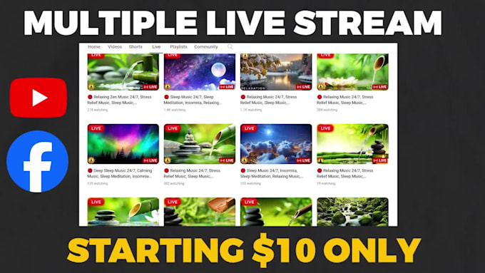 do multiple 24 7 hours live stream music on youtube facebook