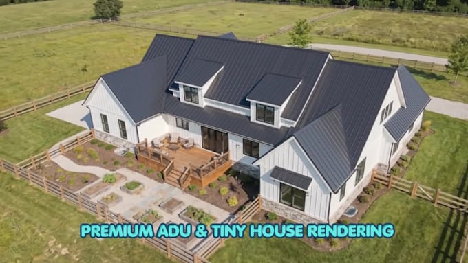 render adu, backyard cottage, and tiny house exterior in 3d
