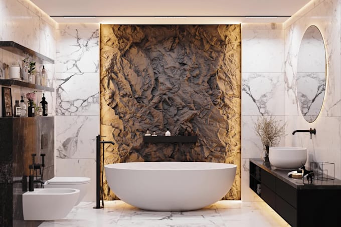 deliver a stunning 3d render of your bathroom design in photoreal quality
