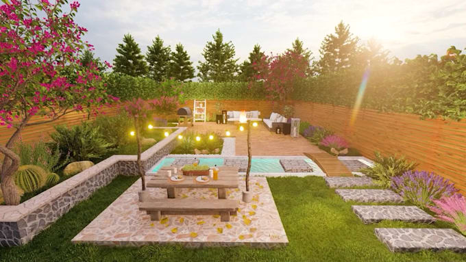 do landscape design, pool, garden, terrace, front, backyard, hardscape rendering