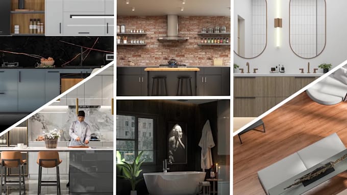 design kitchen, bathroom, and living room interior 3d render