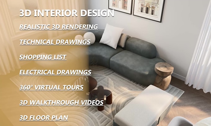 design 3d interior, technical drawings, shopping list for house,apartment,airbnb