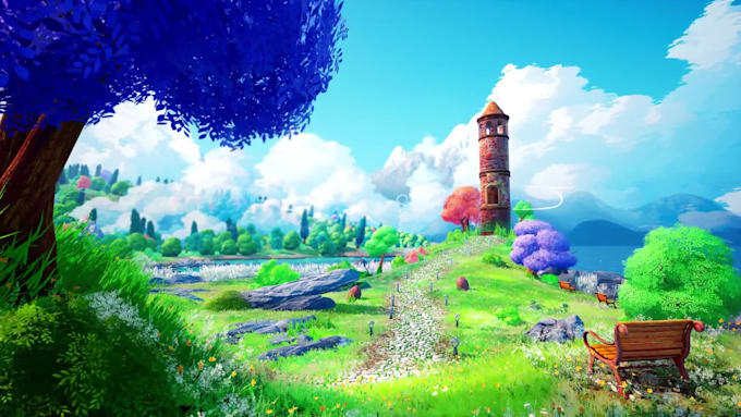 create fantasy landscape, stylized environment and enchanted forest
