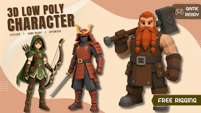 create 3d low poly character modeling, rigging for game assets and animation