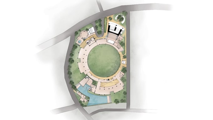 do photoshop render of 2d master plan, section, elevation