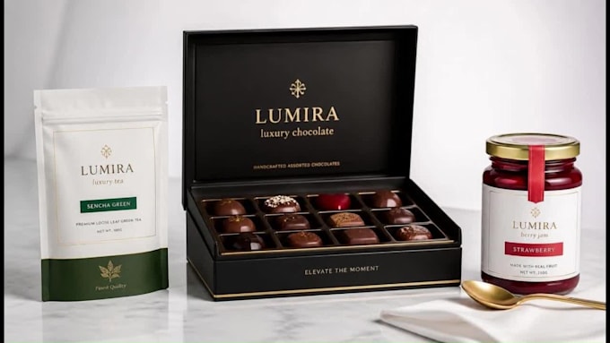 create realistic chocolate box, tea pouch and jam jar packaging mockups