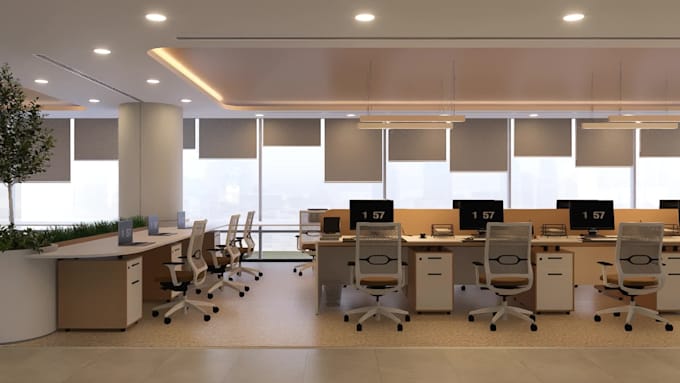 create office workspace, coworking open space and home office 3d interior design