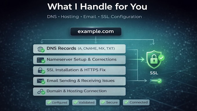 fix dns, hosting, SSL, email, spf, dkim and dmarc issues