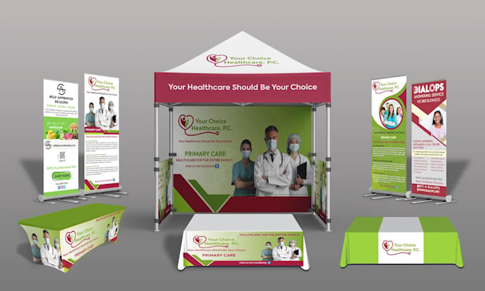 design roll up banner, canopy tent, and table cover