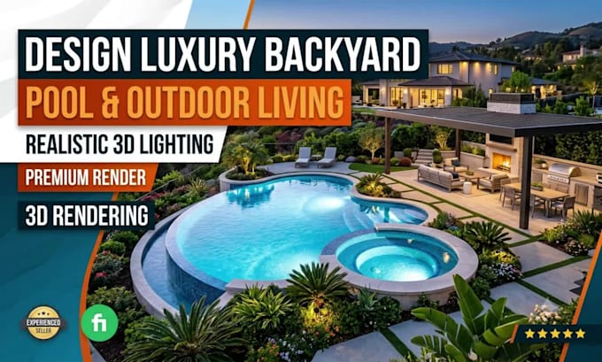 design backyard, pool and outdoor living space with realistic 3d lighting render
