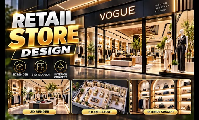 create retail store design, shop interior and exterior with 3d renders