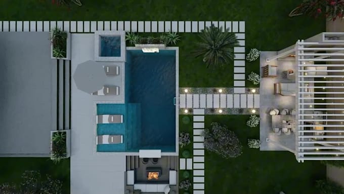 do 3d backyard landscape, garden, pool, patio, terrace