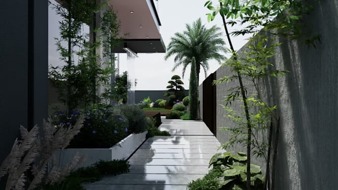 design luxury 3d backyard landscape with pool, patio and garden