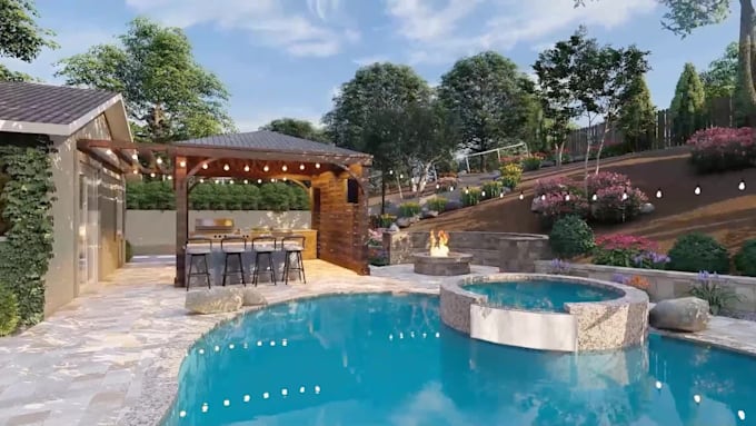 render realistic 3d backyard landscape design renovation garden pool patio deck