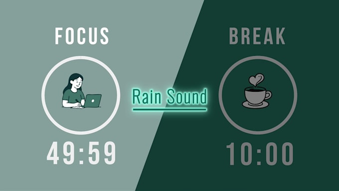 create countdow pomodoro timer video with rain and brown noise, for study, focus