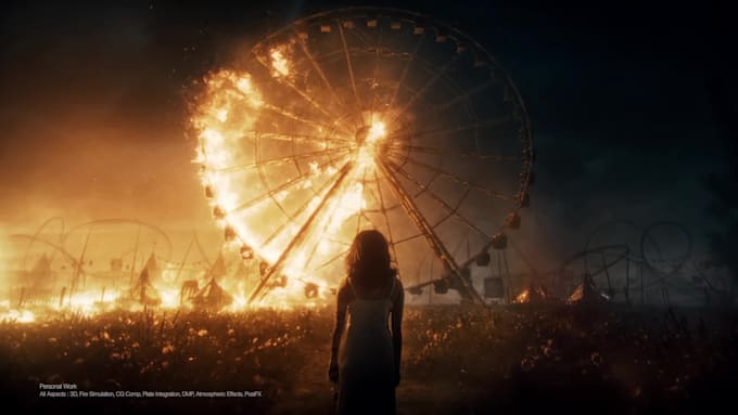 professionally composite vfx, green screen removal, with fire explosion for shot