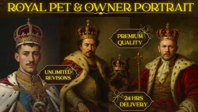 create custom royal pet and owner portrait in 24 hours