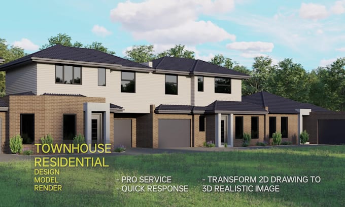 create townhouse 3d exterior rendering, attached house design