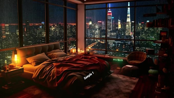 create rain video with natural sound in a cozy room