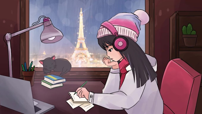 create lofi hip hop loop animation with character