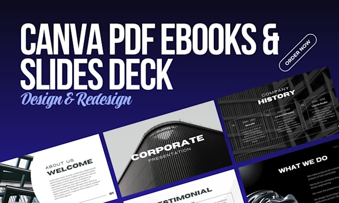 design canva PDF ebooks, canva redesign, workbooks, company presentation slides