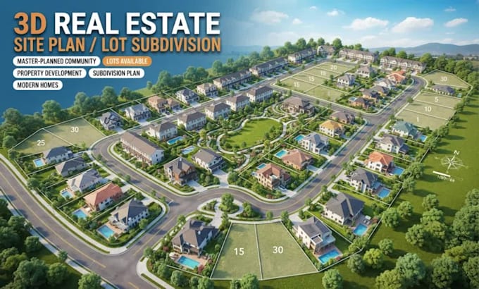 create 3d real estate site plan, lot subdivision and master plan rendering