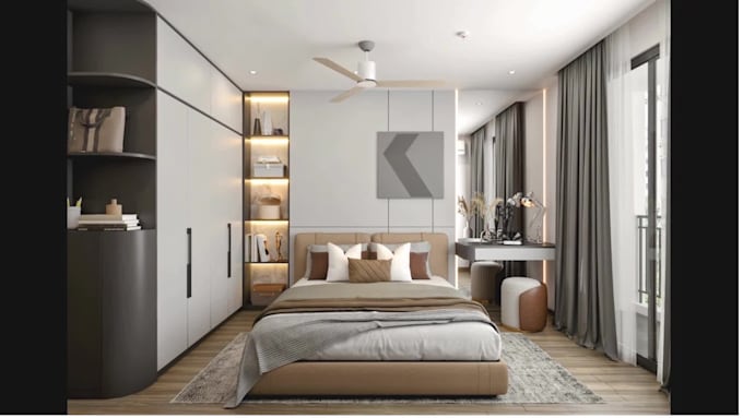 visualize bedroom, kitchen, living, dining, bathroom interior with 3d rendering