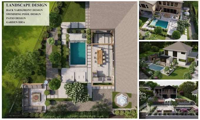 do custom 3d backyard landscape design and front yard garden, patio, pool design