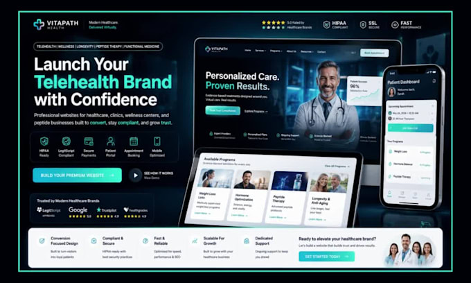 build telehealth, healthcare, clinic, wellness, longevity and peptide websites