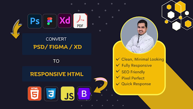 convert PSD, figma to responsive html website using bootstrap or bulma css