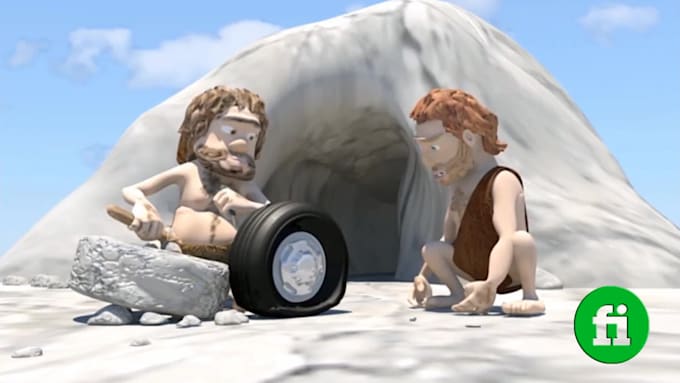 add logo and slogan in funny caveman wheel video ad