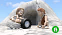 add logo and slogan in funny caveman wheel video ad