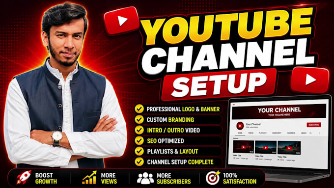 create, setup youtube channel with logo, art, intro, outro