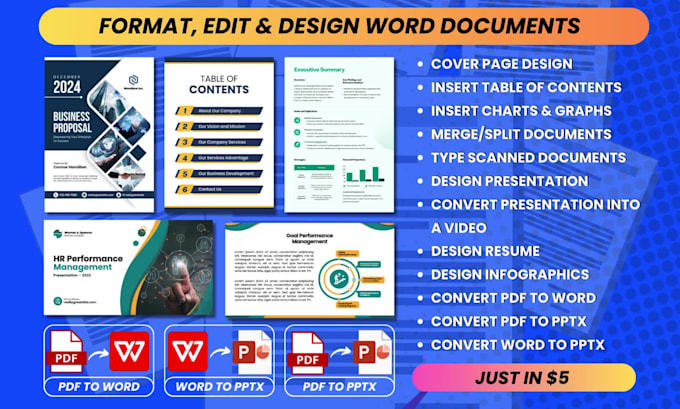 format, edit, and design microsoft word documents and powerpoint presentations