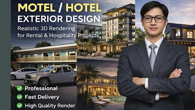 design modern motel, hotel or rental accommodation with 2d and 3d plans