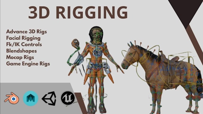 rig 3d character in blender or maya for animation, unreal, unity