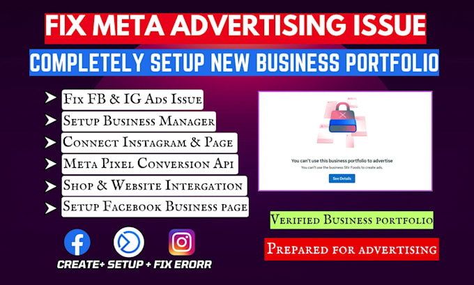 fix issues or set facebook ad account and business manager, pixel conversion api