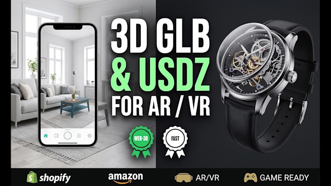 create 3d product glb, gltf, usdz for shopify amazon ar vr