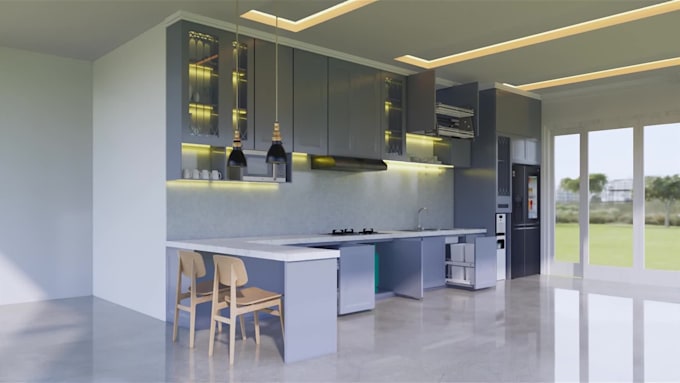 design 3d kitchen interior with photorealistic render